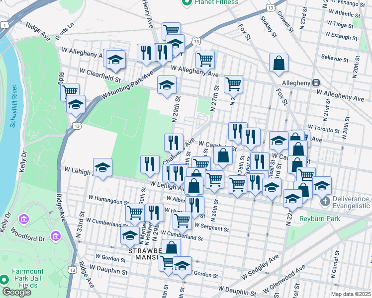 map of restaurants, bars, coffee shops, grocery stores, and more near 2727 West Somerset Street in Philadelphia