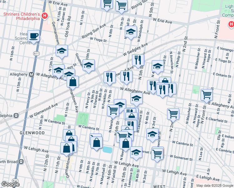 map of restaurants, bars, coffee shops, grocery stores, and more near 3142 North Wendle Street in Philadelphia