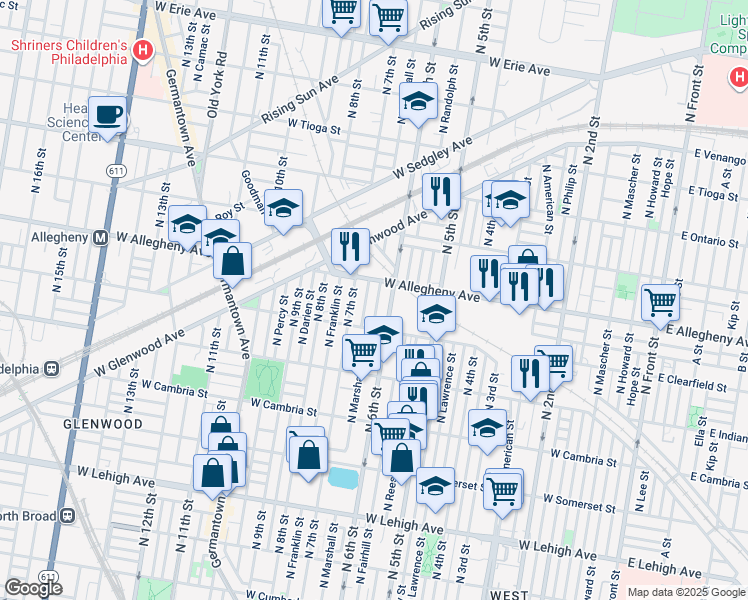 map of restaurants, bars, coffee shops, grocery stores, and more near 3142 North Wendle Street in Philadelphia