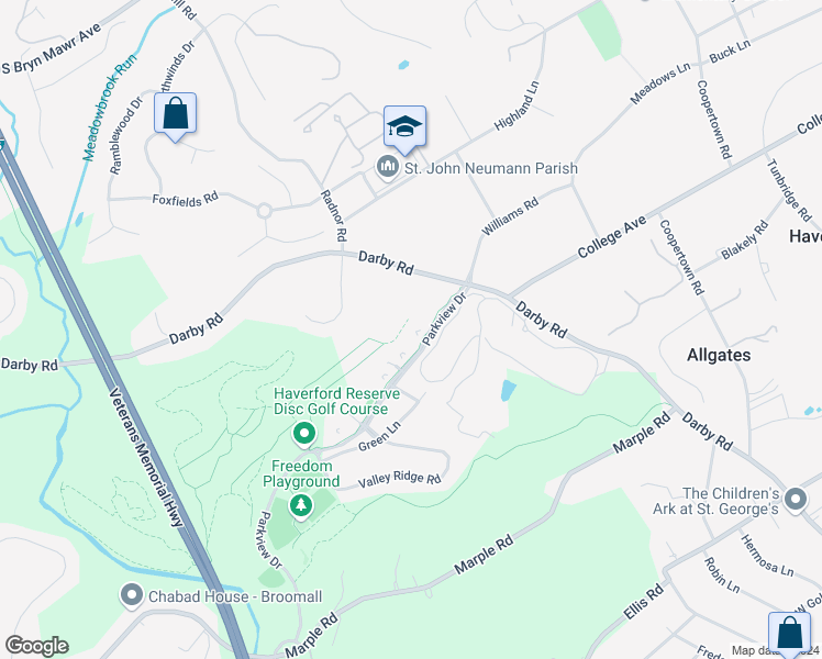 map of restaurants, bars, coffee shops, grocery stores, and more near 1208 Parkview Drive in Haverford