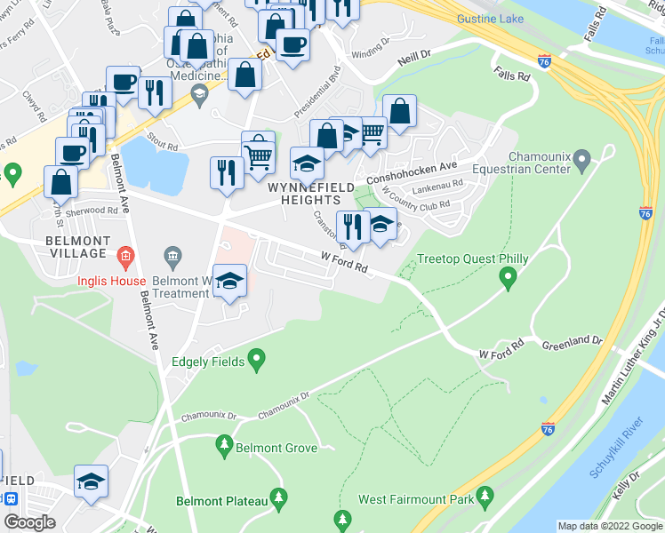 map of restaurants, bars, coffee shops, grocery stores, and more near 2594 Cranston Rd in Philadelphia