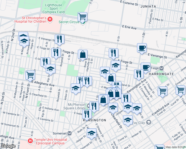 map of restaurants, bars, coffee shops, grocery stores, and more near 620 East Wensley Street in Philadelphia