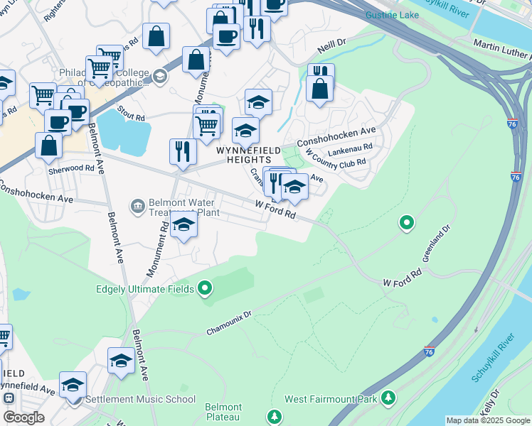map of restaurants, bars, coffee shops, grocery stores, and more near 2594 Cranston Rd in Philadelphia