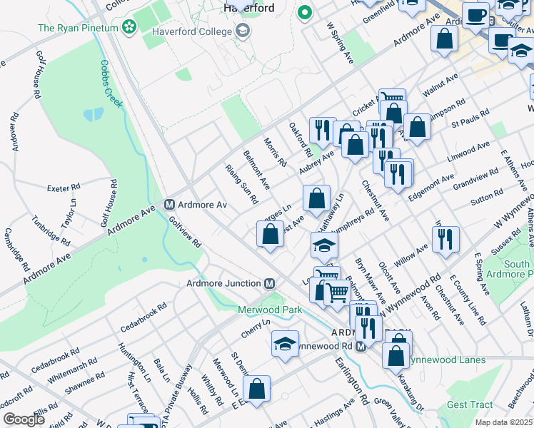 map of restaurants, bars, coffee shops, grocery stores, and more near 630 Georges Lane in Ardmore