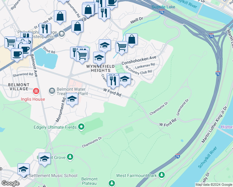 map of restaurants, bars, coffee shops, grocery stores, and more near 3925 Ford Road in Philadelphia