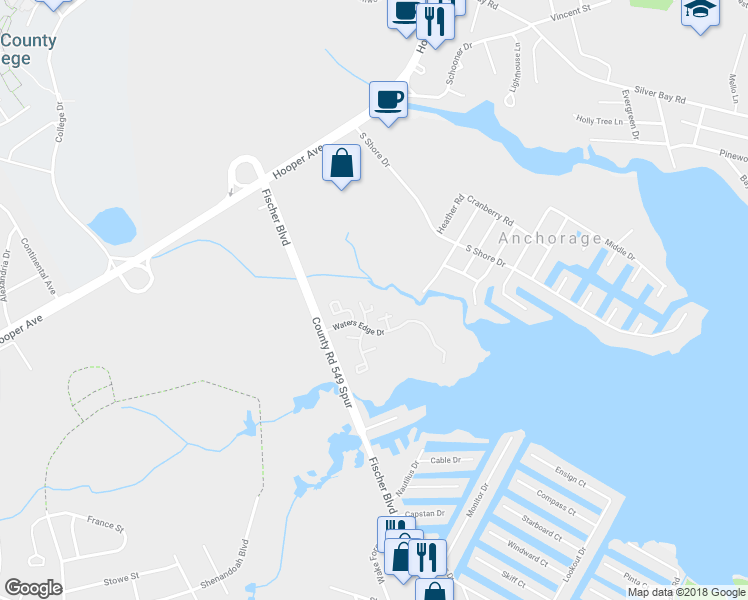 map of restaurants, bars, coffee shops, grocery stores, and more near 619 Waters Edge Drive in Toms River