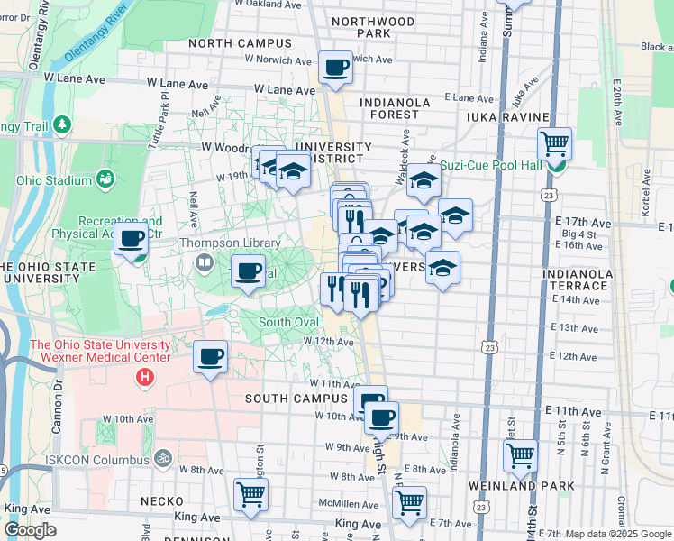 map of restaurants, bars, coffee shops, grocery stores, and more near 1813 North High Street in Columbus
