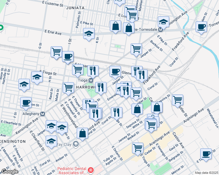 map of restaurants, bars, coffee shops, grocery stores, and more near 3549 Jasper Street in Philadelphia