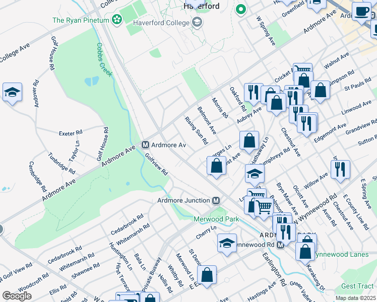 map of restaurants, bars, coffee shops, grocery stores, and more near 2906 Mapleshade Road in Ardmore