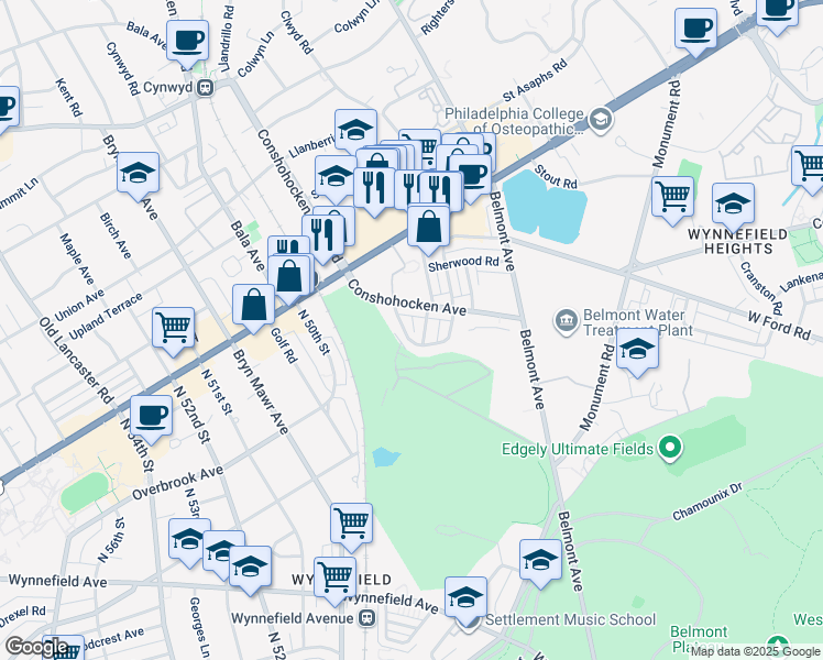 map of restaurants, bars, coffee shops, grocery stores, and more near 2603 Sorrento Road in Philadelphia