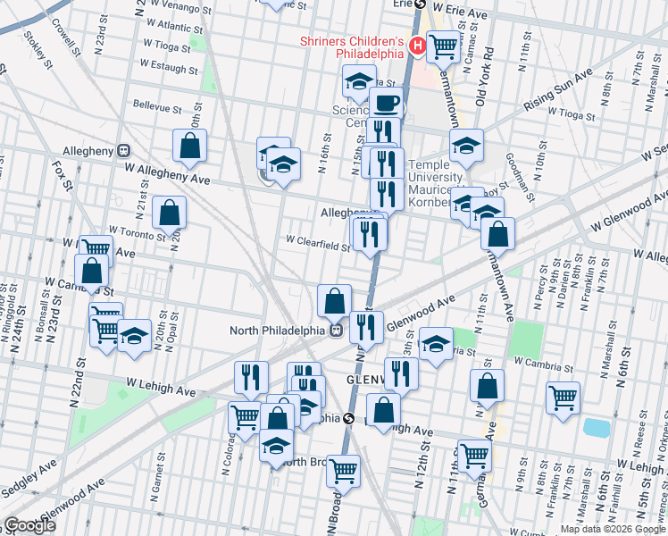 map of restaurants, bars, coffee shops, grocery stores, and more near 3028 North 15th Street in Philadelphia
