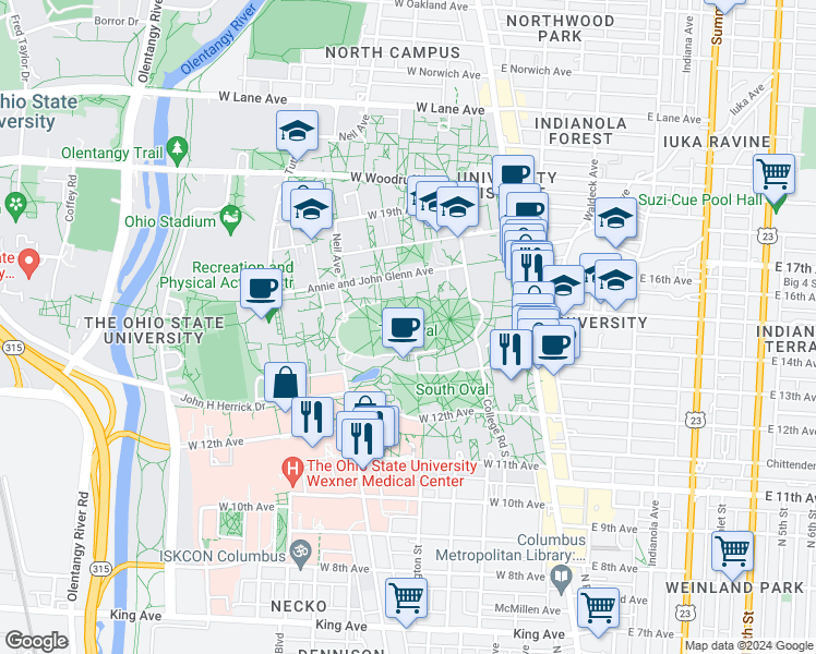 map of restaurants, bars, coffee shops, grocery stores, and more near 181 Oval Drive South in Columbus