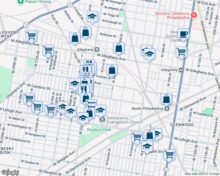 map of restaurants, bars, coffee shops, grocery stores, and more near 2011 West Stella Street in Philadelphia