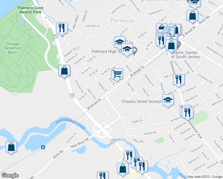 map of restaurants, bars, coffee shops, grocery stores, and more near 521 West Broad Street in Palmyra