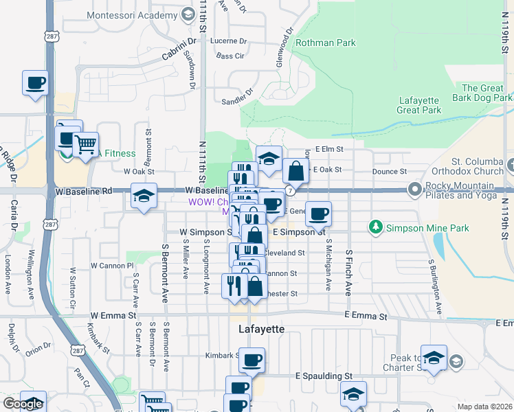 map of restaurants, bars, coffee shops, grocery stores, and more near 123 North Harrison Avenue in Lafayette