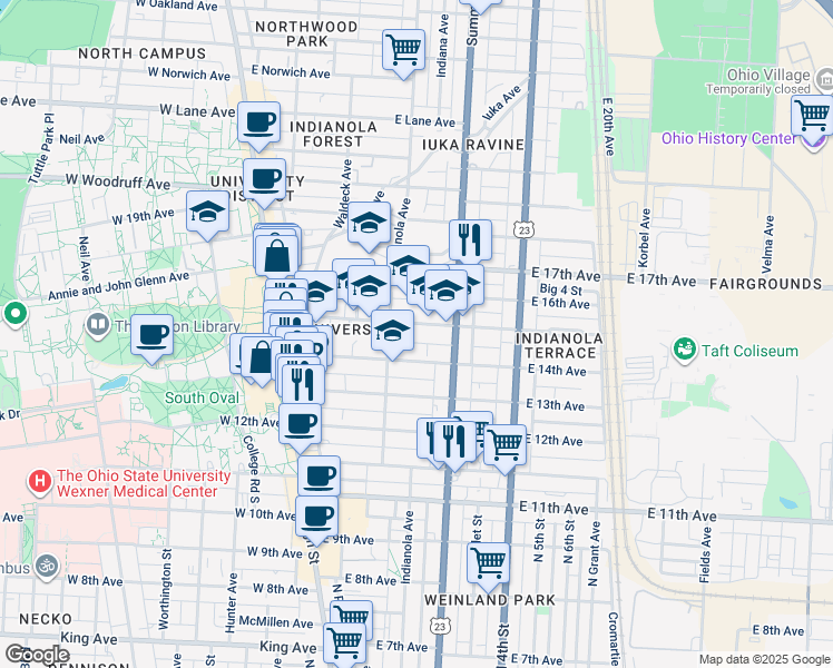 map of restaurants, bars, coffee shops, grocery stores, and more near 194 East 14th Avenue in Columbus