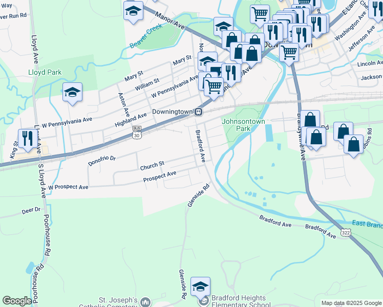map of restaurants, bars, coffee shops, grocery stores, and more near 227 Church Street in Downingtown