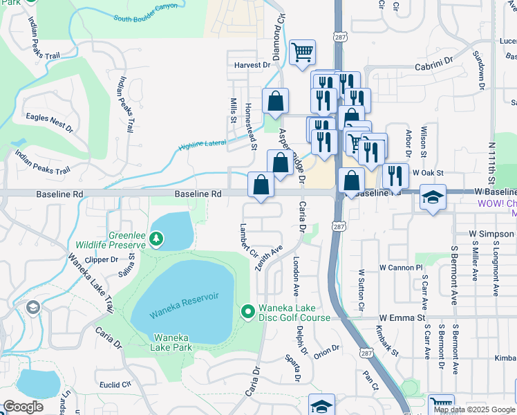 map of restaurants, bars, coffee shops, grocery stores, and more near 1379 Lambert Circle in Lafayette