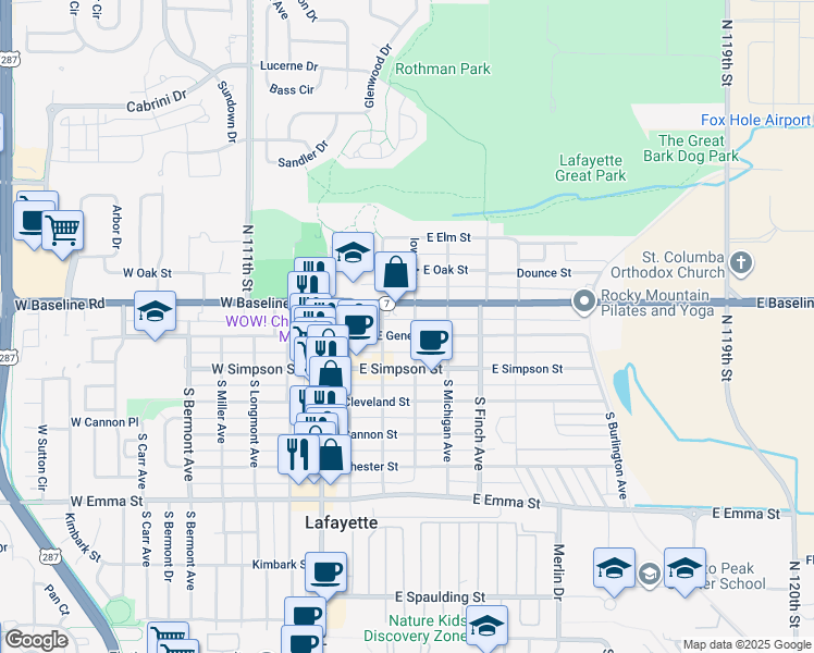 map of restaurants, bars, coffee shops, grocery stores, and more near 310 East Geneseo Street in Lafayette