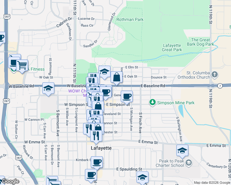 map of restaurants, bars, coffee shops, grocery stores, and more near 310 East Geneseo Street in Lafayette