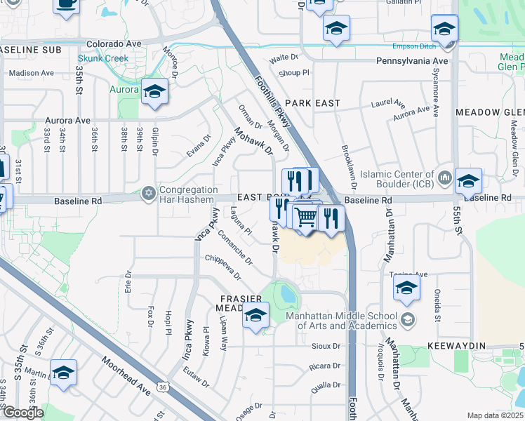 map of restaurants, bars, coffee shops, grocery stores, and more near 635 Mohawk Drive in Boulder