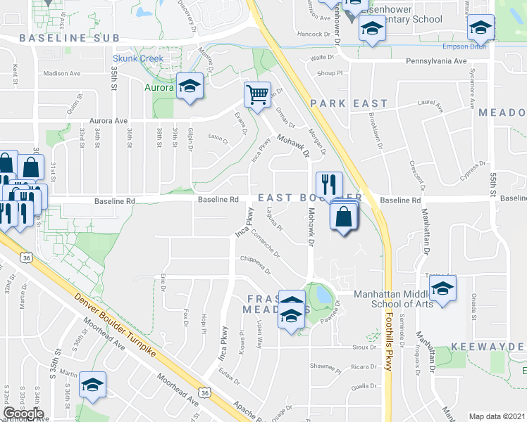 map of restaurants, bars, coffee shops, grocery stores, and more near in Boulder
