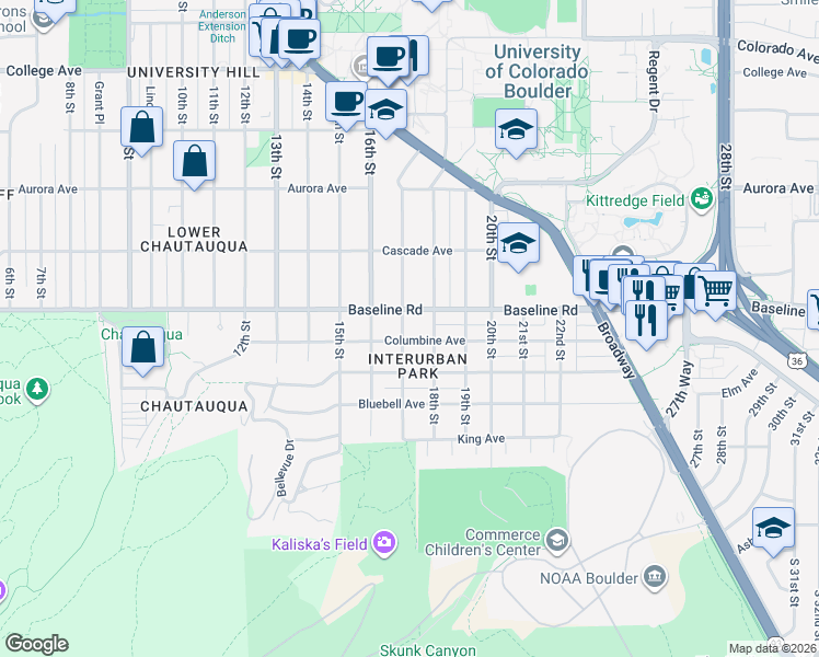 map of restaurants, bars, coffee shops, grocery stores, and more near 1636 Columbine Avenue in Boulder
