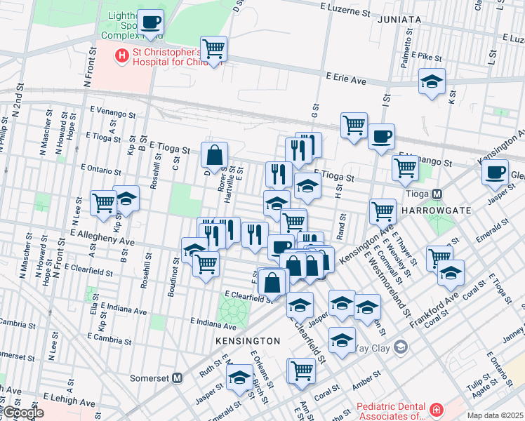 map of restaurants, bars, coffee shops, grocery stores, and more near 665 East Wensley Street in Philadelphia
