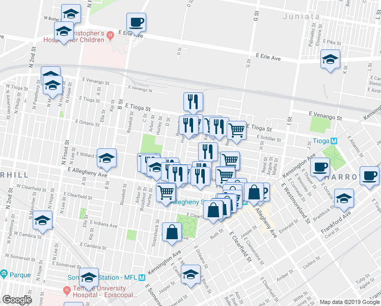 map of restaurants, bars, coffee shops, grocery stores, and more near 615 East Westmoreland Street in Philadelphia