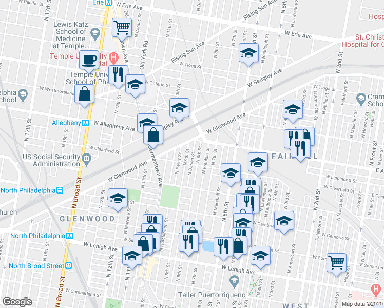 map of restaurants, bars, coffee shops, grocery stores, and more near 3104 North 8th Street in Philadelphia
