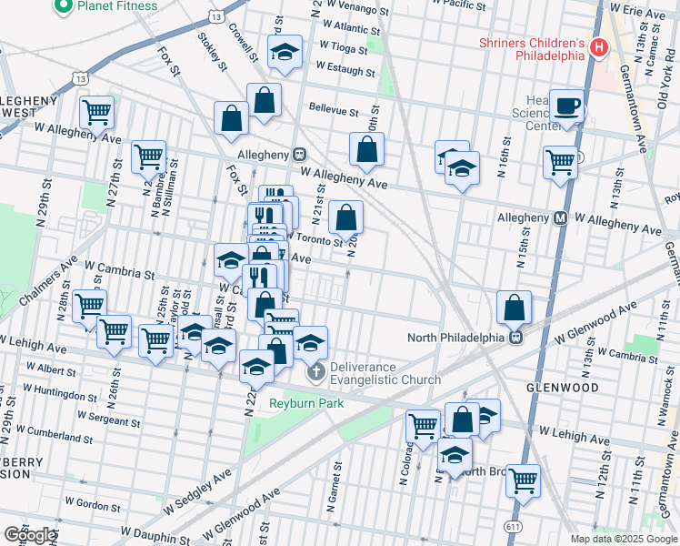 map of restaurants, bars, coffee shops, grocery stores, and more near 2011 West Stella Street in Philadelphia