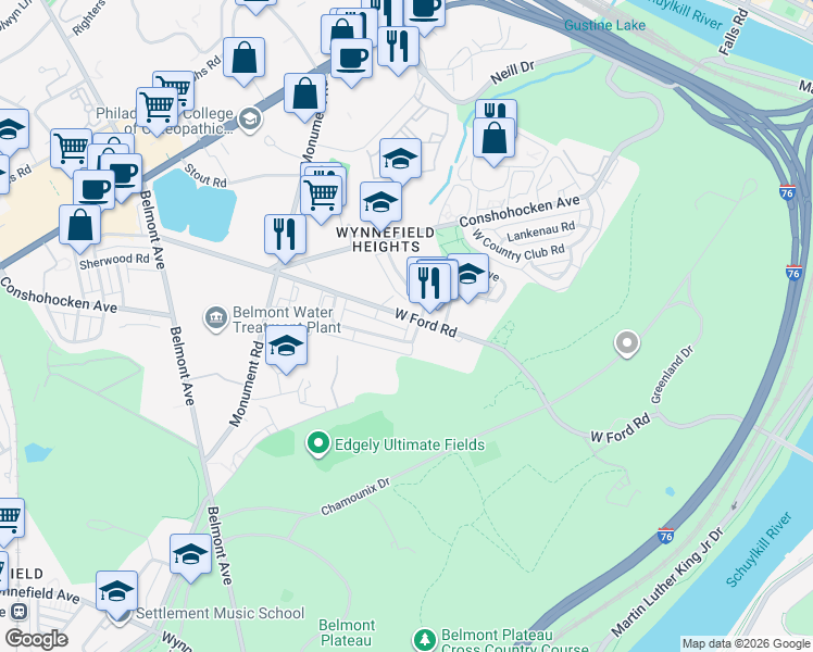 map of restaurants, bars, coffee shops, grocery stores, and more near 2586 Cranston Road in Philadelphia