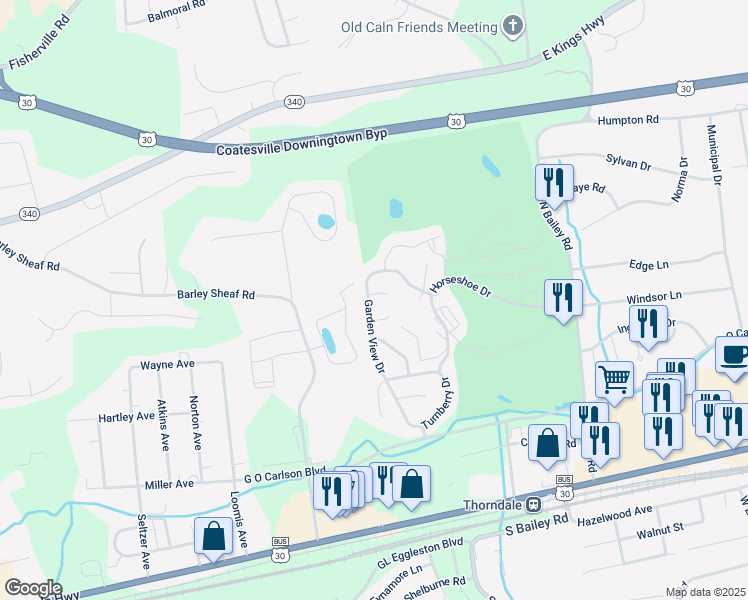 map of restaurants, bars, coffee shops, grocery stores, and more near 3 Doral Ct in Thorndale