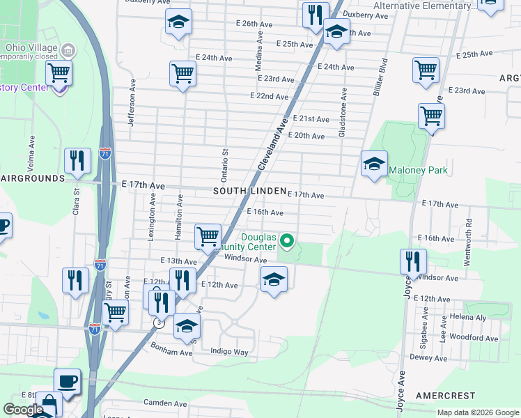 map of restaurants, bars, coffee shops, grocery stores, and more near 1193 East 16th Avenue in Columbus