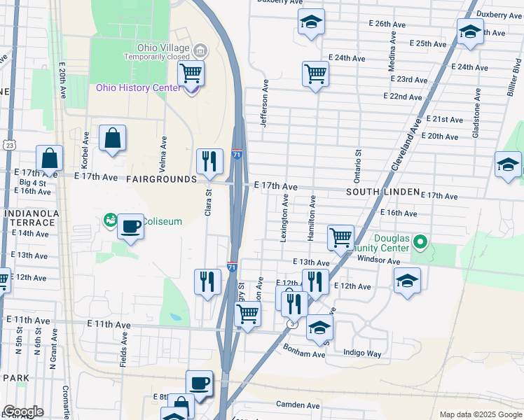 map of restaurants, bars, coffee shops, grocery stores, and more near 1669 Jefferson Avenue in Columbus