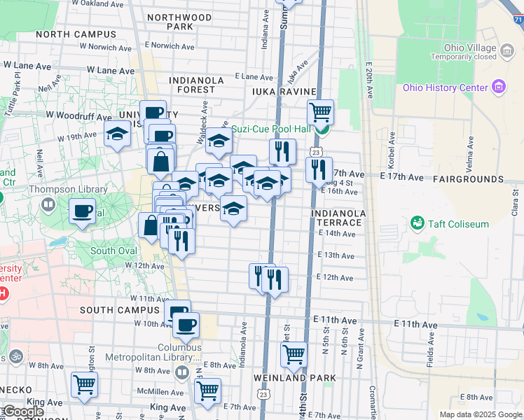 map of restaurants, bars, coffee shops, grocery stores, and more near 194 East 14th Avenue in Columbus