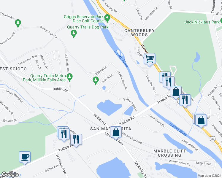 map of restaurants, bars, coffee shops, grocery stores, and more near 2092-2124 Dublin Road in Columbus