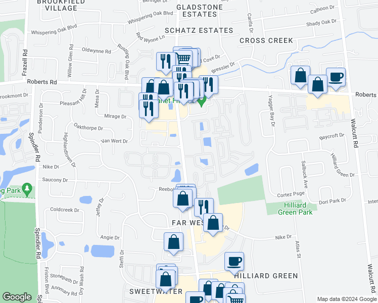 map of restaurants, bars, coffee shops, grocery stores, and more near 2316 Hilliard Rome Road in Hilliard