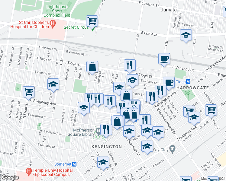 map of restaurants, bars, coffee shops, grocery stores, and more near 665 East Wensley Street in Philadelphia