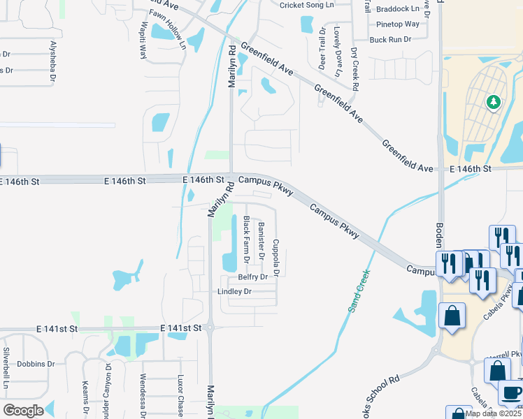 map of restaurants, bars, coffee shops, grocery stores, and more near 12215 Weathervane Drive in Noblesville