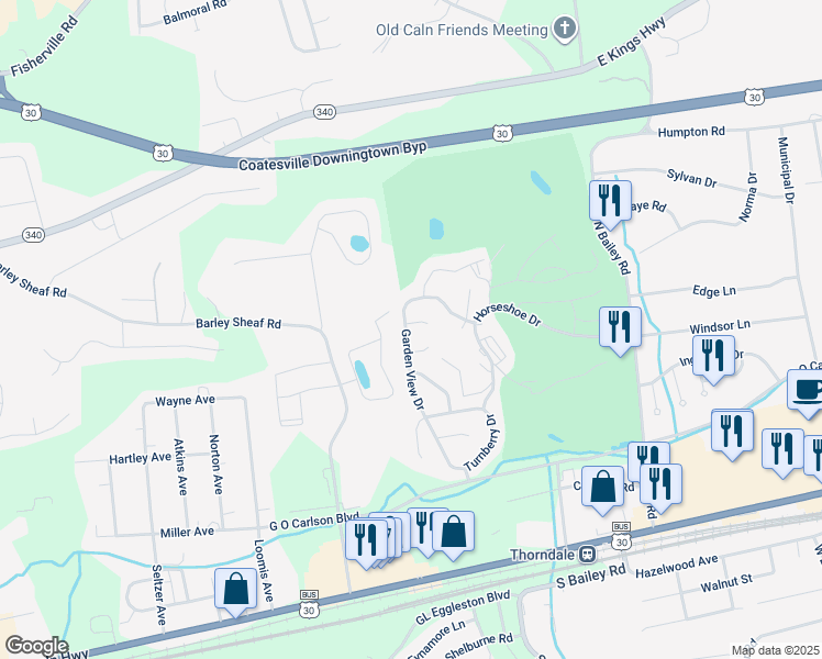 map of restaurants, bars, coffee shops, grocery stores, and more near 3 Doral Ct in Thorndale