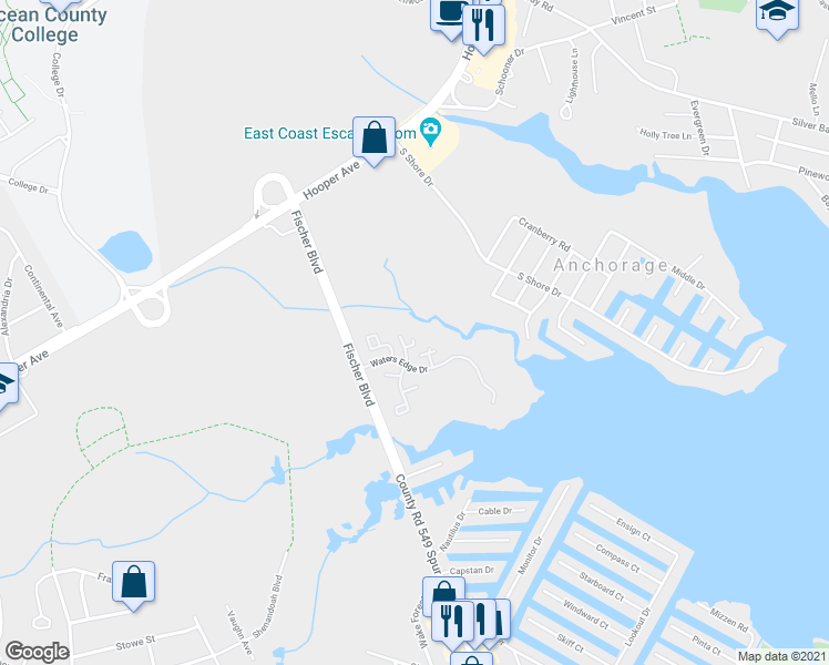 map of restaurants, bars, coffee shops, grocery stores, and more near 621 Waters Edge Dr in Ocean