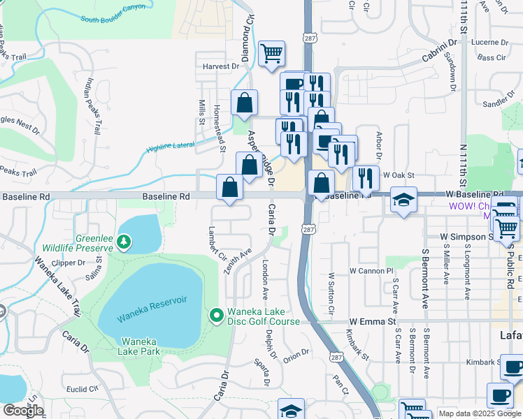map of restaurants, bars, coffee shops, grocery stores, and more near 245 West Cornwall Court in Lafayette