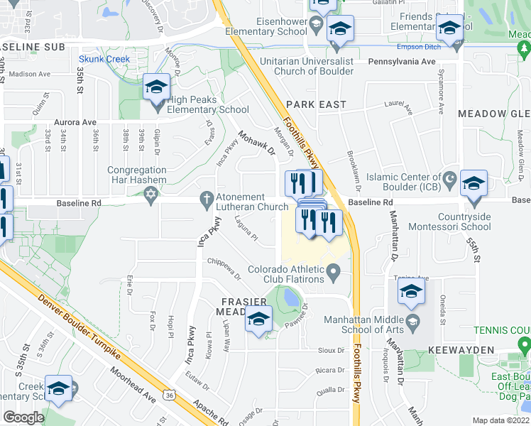 map of restaurants, bars, coffee shops, grocery stores, and more near 635 Mohawk Drive in Boulder