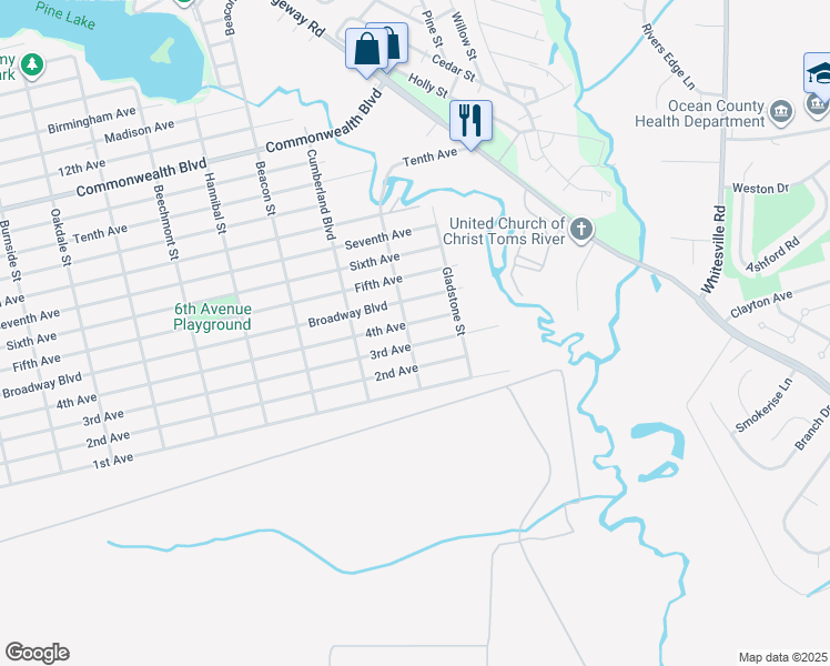 map of restaurants, bars, coffee shops, grocery stores, and more near 2033 3rd Avenue in Toms River