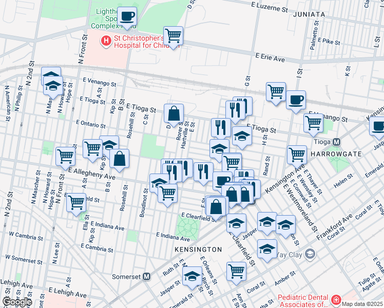 map of restaurants, bars, coffee shops, grocery stores, and more near 615 East Westmoreland Street in Philadelphia