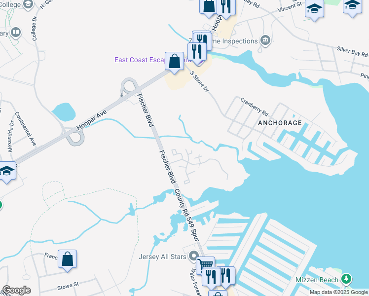 map of restaurants, bars, coffee shops, grocery stores, and more near 915 Waters Edge Drive in Toms River