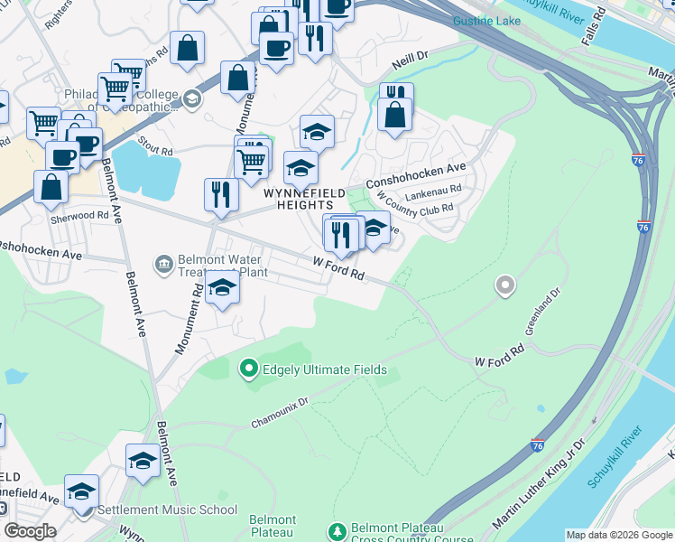 map of restaurants, bars, coffee shops, grocery stores, and more near 2586 Cranston Road in Philadelphia