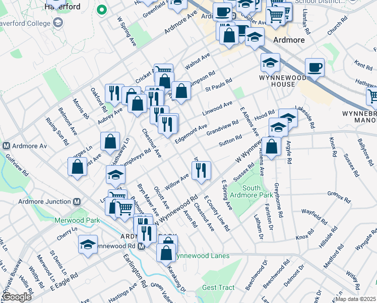 map of restaurants, bars, coffee shops, grocery stores, and more near 225 Delmont Avenue in Ardmore