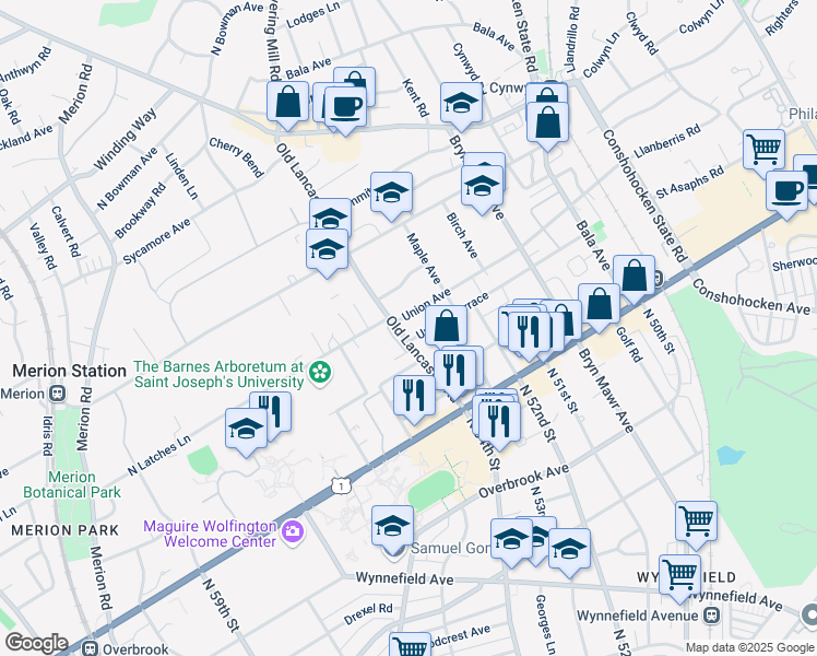 map of restaurants, bars, coffee shops, grocery stores, and more near 39 Old Lancaster Road in Bala Cynwyd